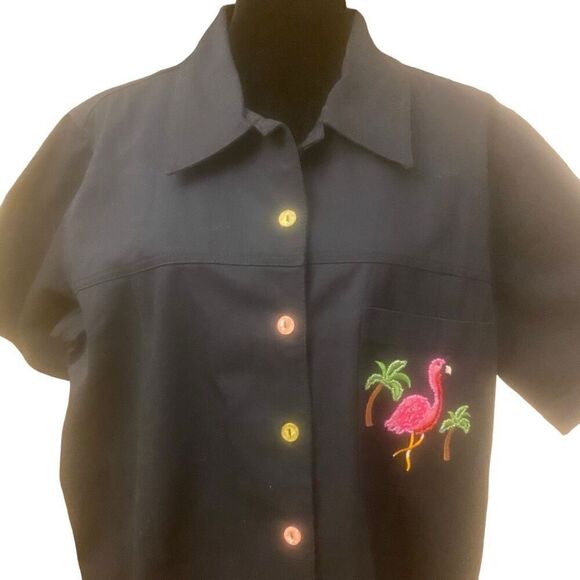 Quaker Factory Black Lightweight Jacket with Embroidered Flamingos Sz L - Picture 2 of 14